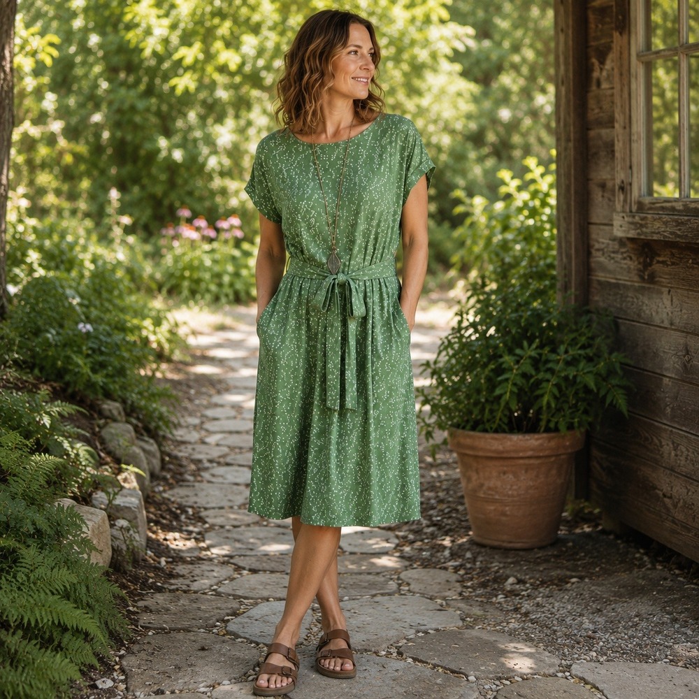 Toad&Co Dress Green Floral Tencel Organic Cotton Casual Belted Midi Medium
